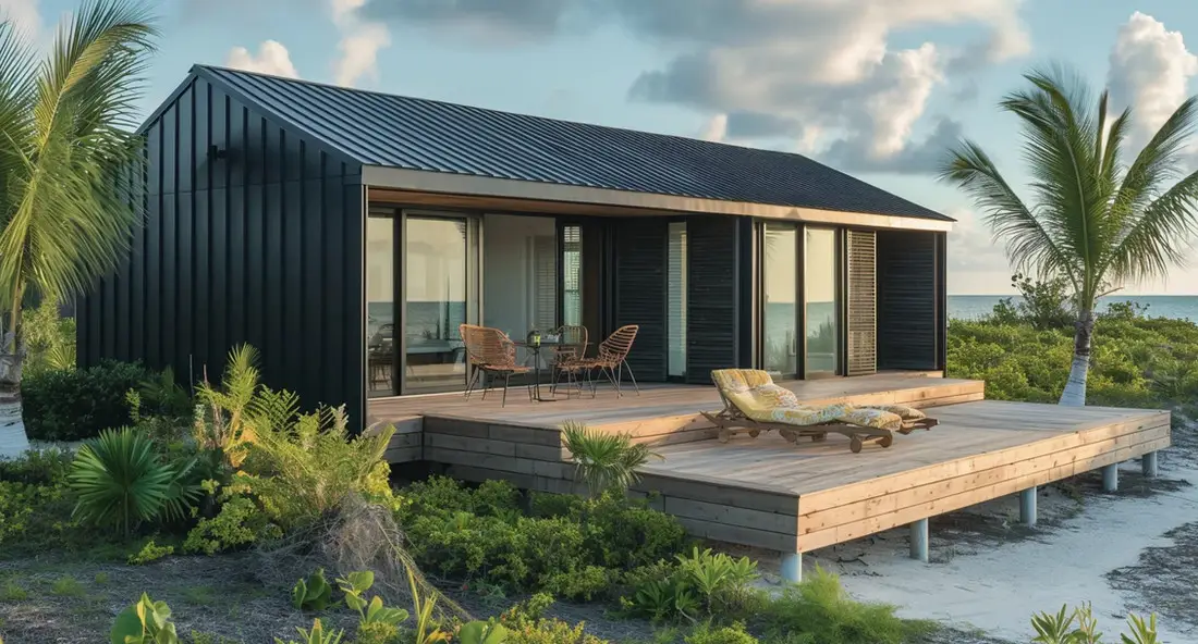 A SEED home with a wide wood deck on a tropical waterfront
